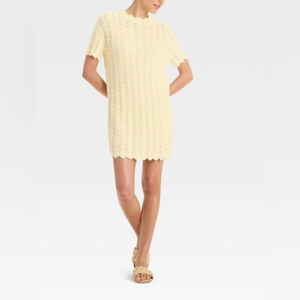 a new day Off White Scalloped Pointelle Knit Sweater Mini Dress